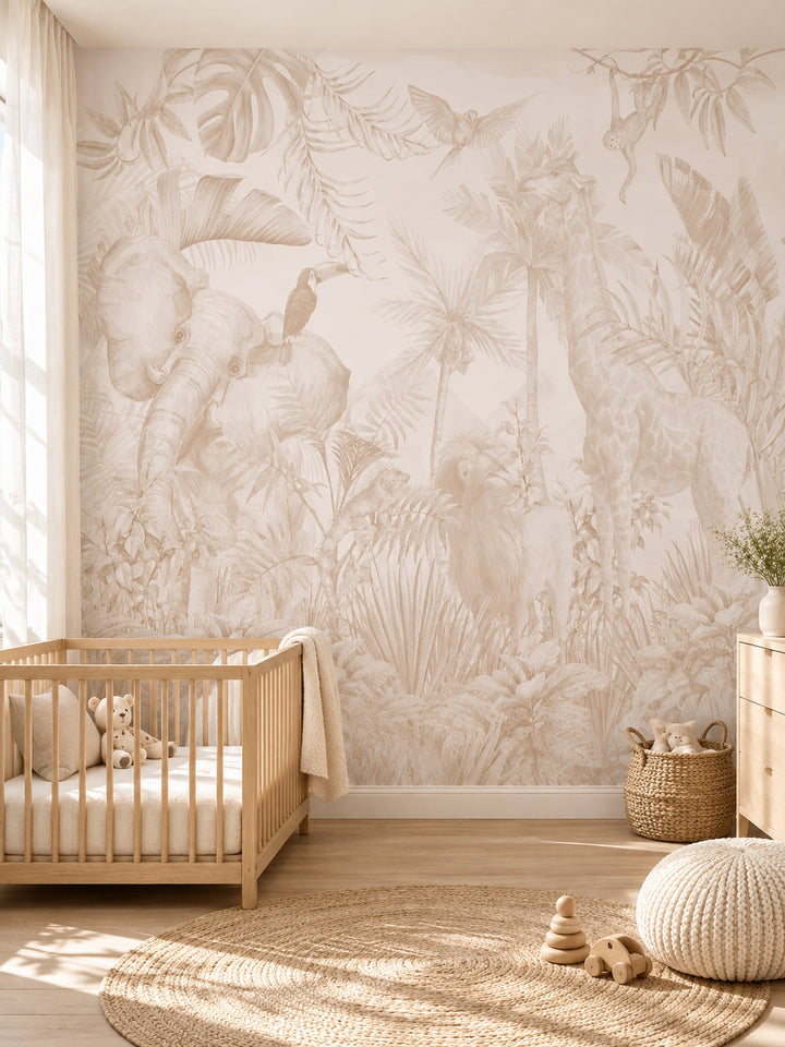 Bebek odasında Pudra Beji Safari ve Tropikal Yapraklar çocuk odası duvar kağıdı