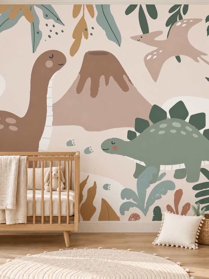 Bebek odasında Pastel Dinozorlar ve Yanardağ çocuk odası duvar kağıdı