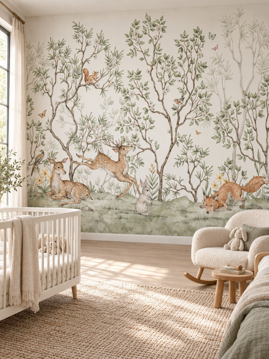 Yumuşak Yeşil Orman, Geyikler ve Tilkiler duvar kağıdı, bir çocuk odasında