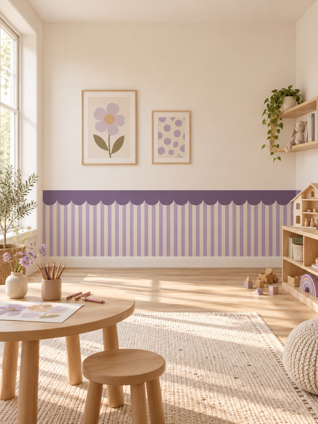 Lavanta ve Mürdüm Dalgalı Bordür duvar kağıdı, bir çocuk odasında