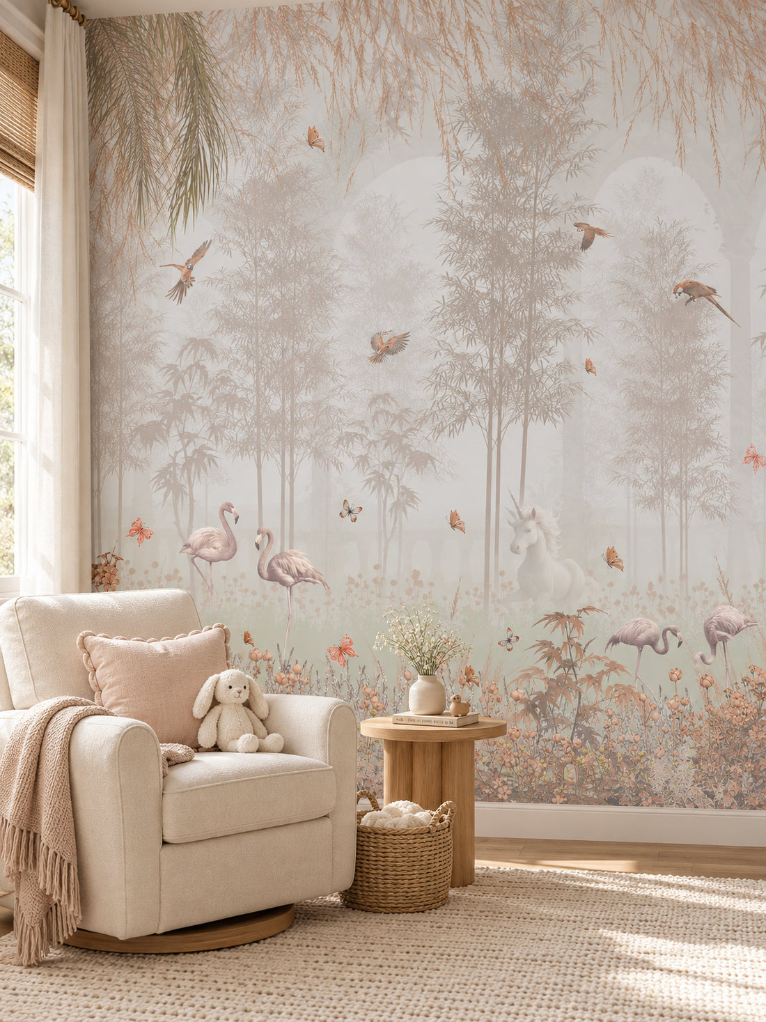 Pastel Flamingo Ormanı duvar kağıdı, bir çocuk odasında