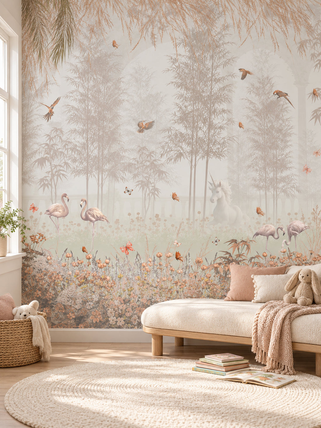 Pastel Flamingo Ormanı duvar kağıdı, bir çocuk odasında