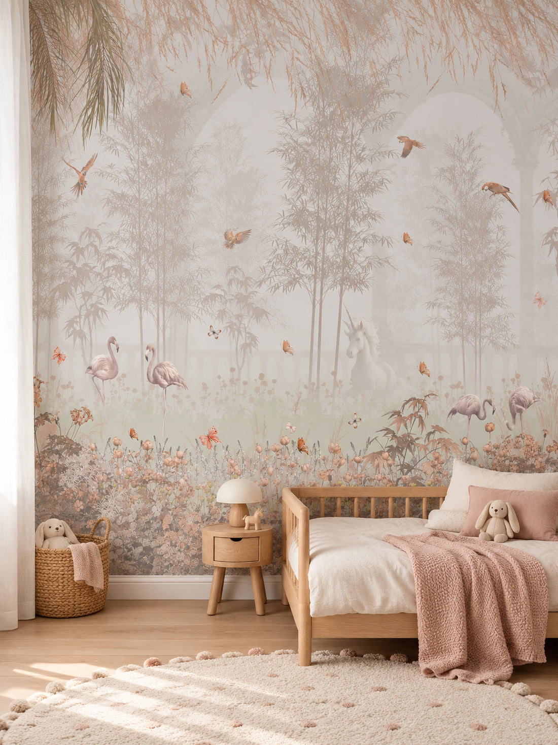 Pastel Flamingo Ormanı duvar kağıdı, bir çocuk odasında