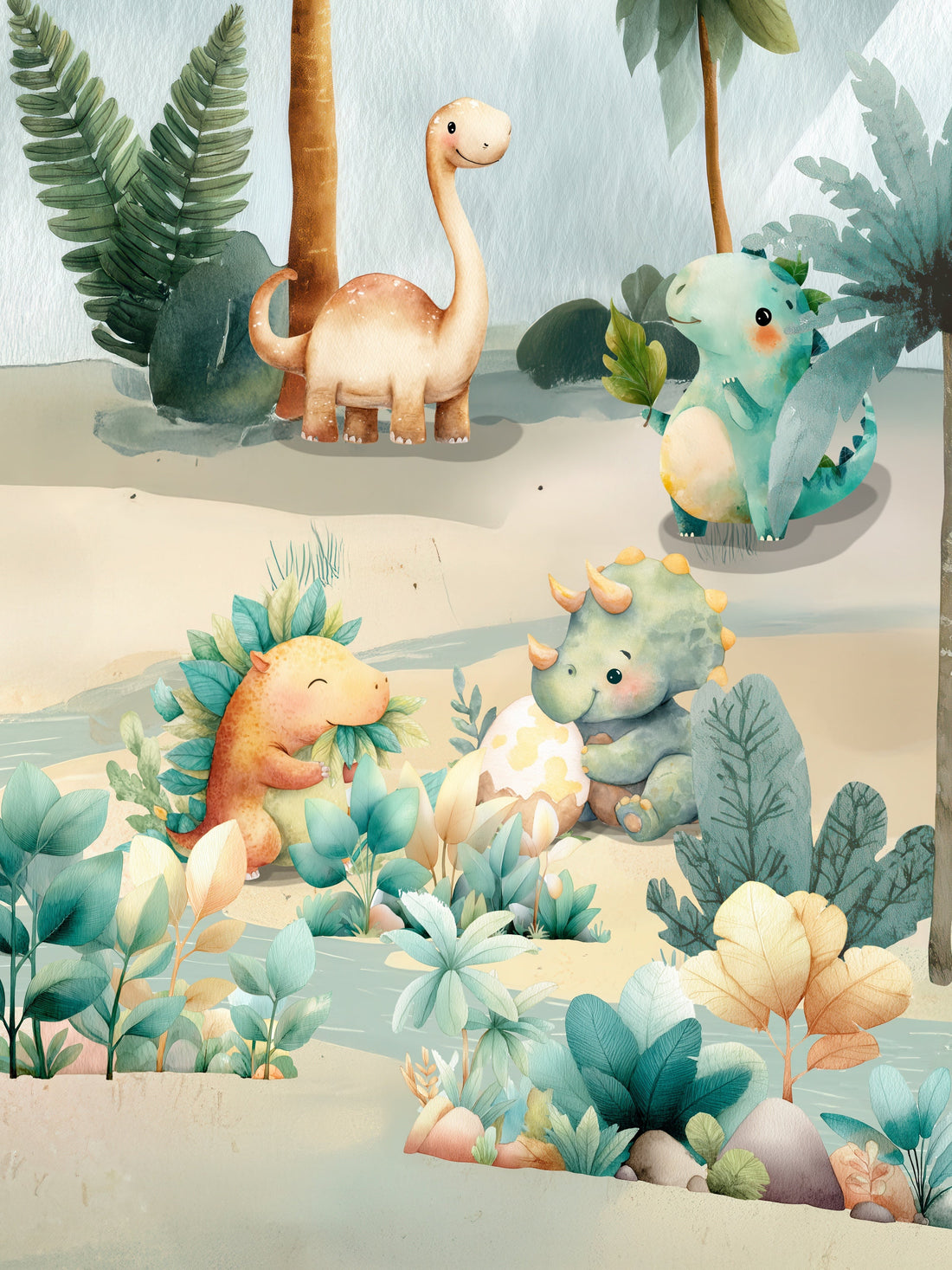 Pastel Dinozorlar ve Palmiyeler duvar kağıdı, duvar kağıdına yakından bakış