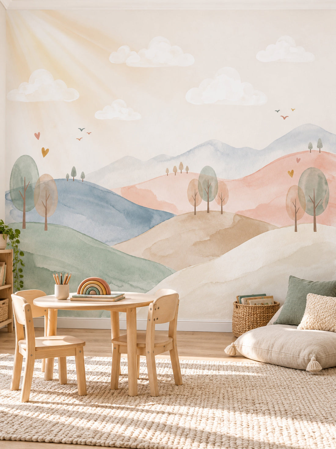 Pastel Tepeler, Güneş ve Ağaçlar duvar kağıdı, bir çocuk odasında
