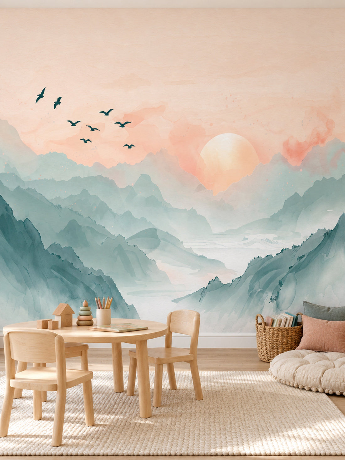 Pastel Gün Doğumu, Dağlar ve Kuşlar duvar kağıdı, bir çocuk odasında