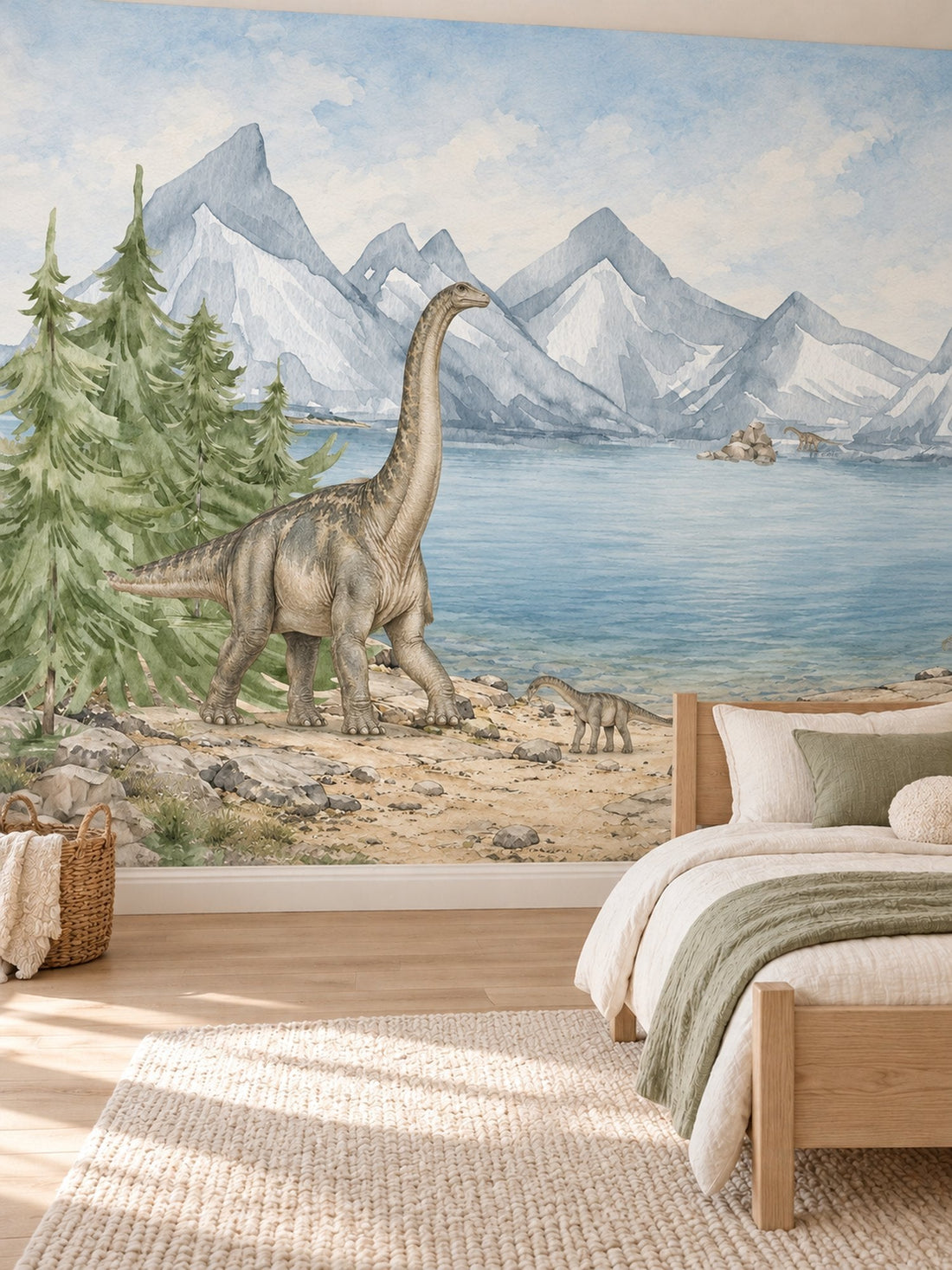 Dinozor Gölü ve Karlı Zirveler duvar kağıdı, bebek odasında tasarımın tamamı