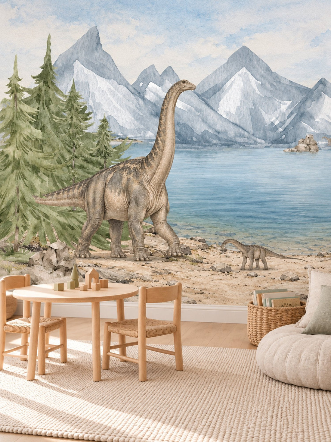 Dinozor Gölü ve Karlı Zirveler duvar kağıdı, bir çocuk odasında