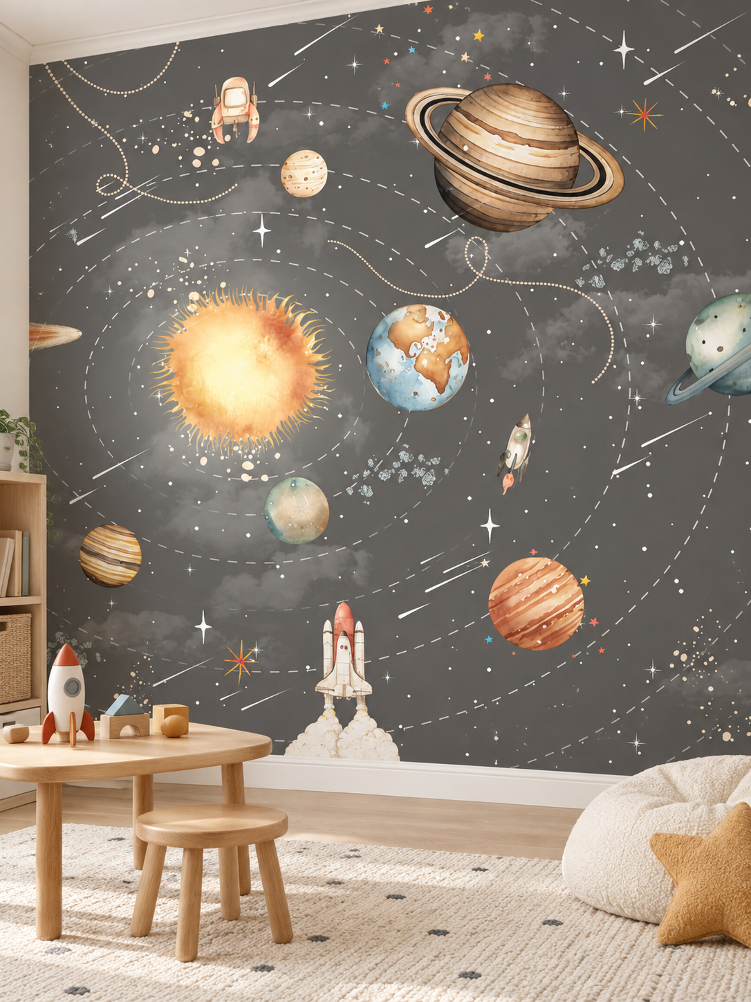 Güneş Sistemi ve Astronot duvar kağıdı, bir çocuk odasında