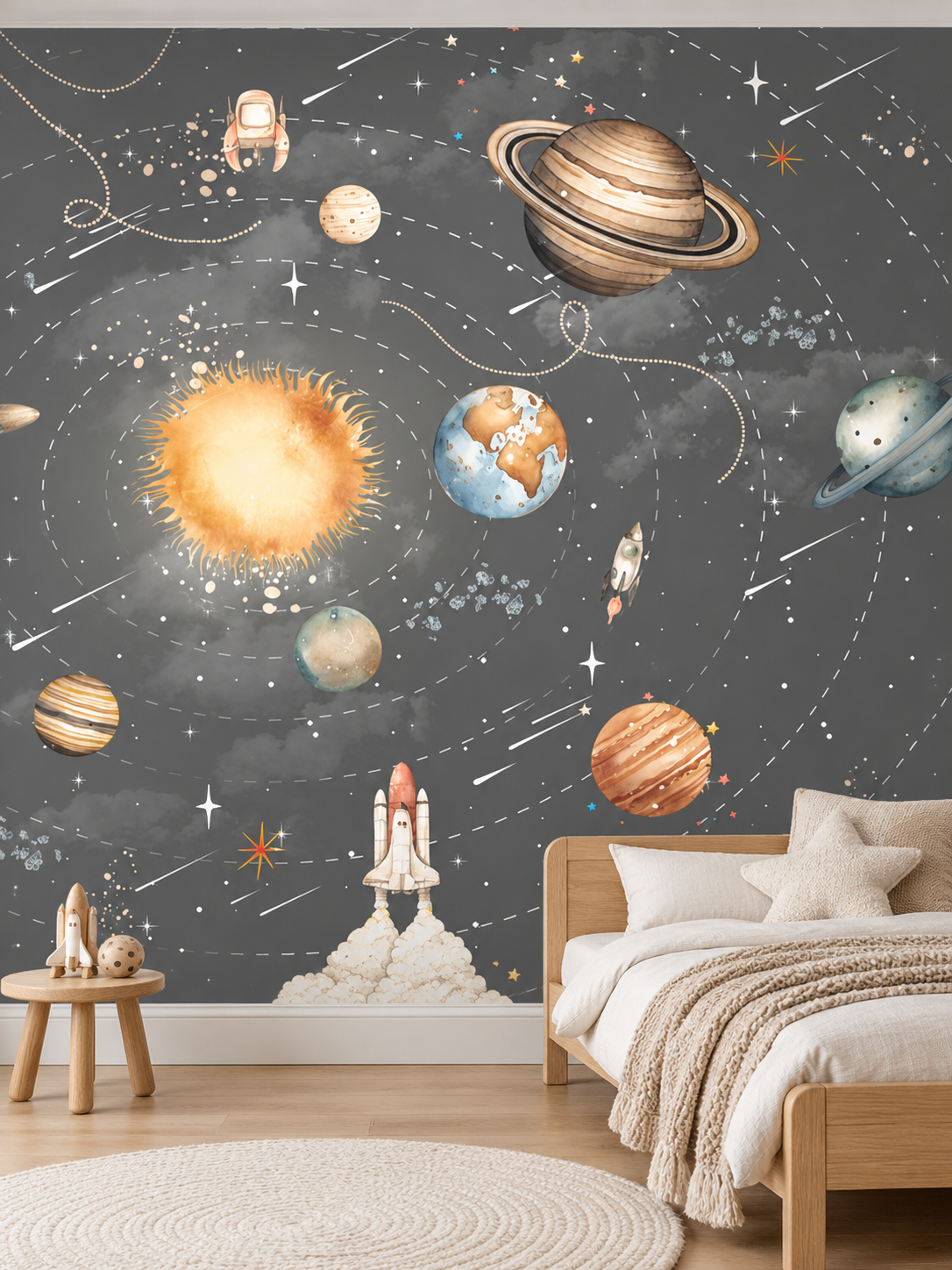 Güneş Sistemi ve Astronot duvar kağıdı, bir çocuk odasında