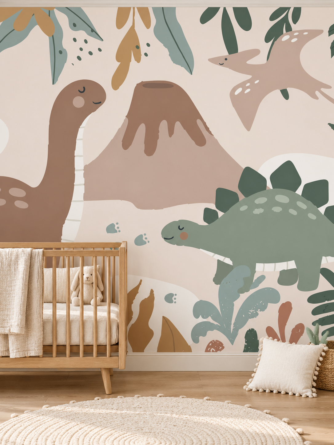 Pastel Dinozorlar ve Yanardağ duvar kağıdı, bebek odasında tasarımın tamamı