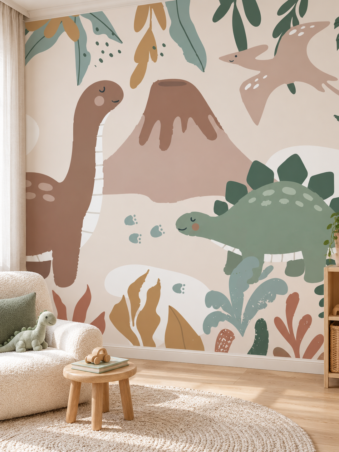 Pastel Dinozorlar ve Yanardağ duvar kağıdı, bir çocuk odasında