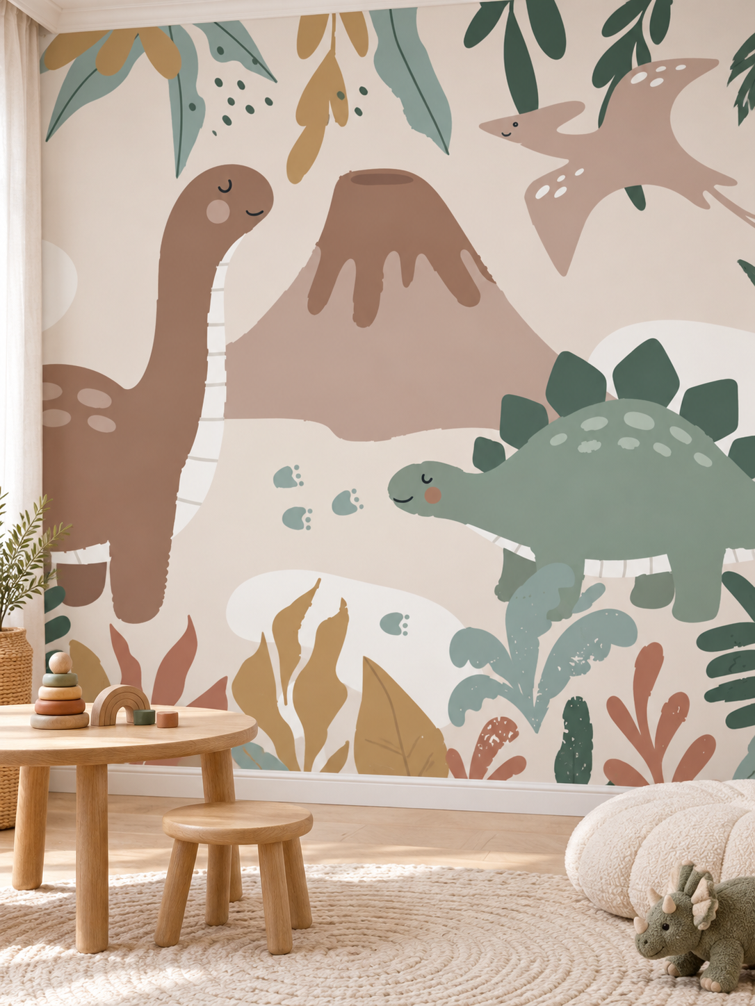 Pastel Dinozorlar ve Yanardağ duvar kağıdı, bir çocuk odasında