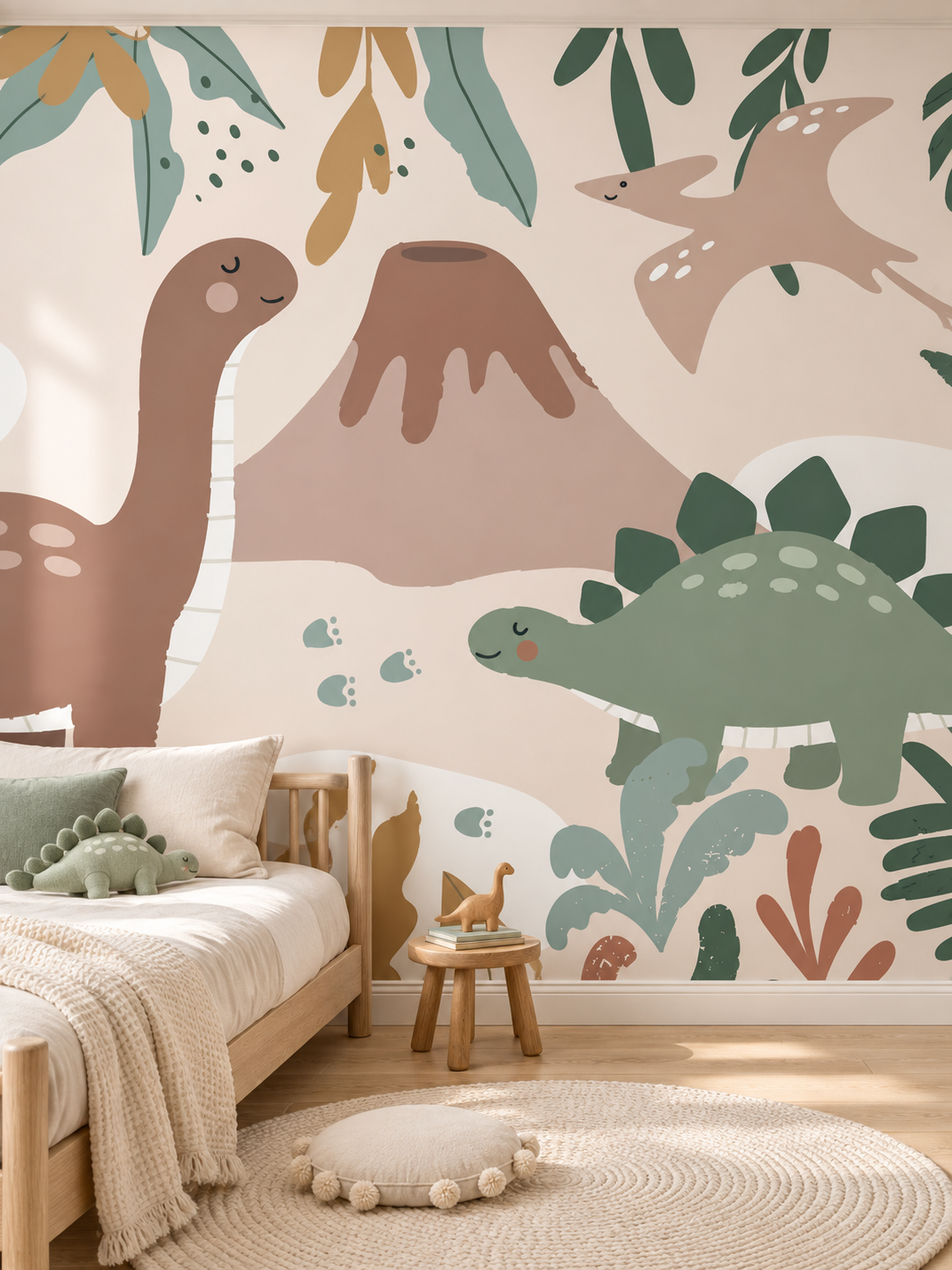 Pastel Dinozorlar ve Yanardağ duvar kağıdı, bir çocuk odasında