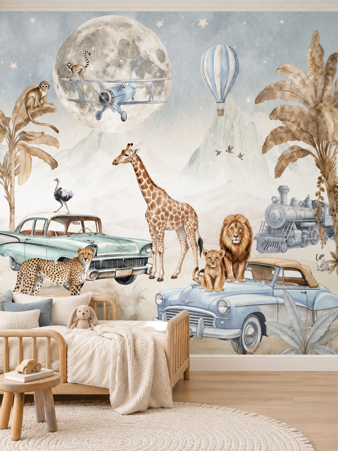Safari, Nostaljik Arabalar ve Ay duvar kağıdı, bebek odasında tasarımın tamamı