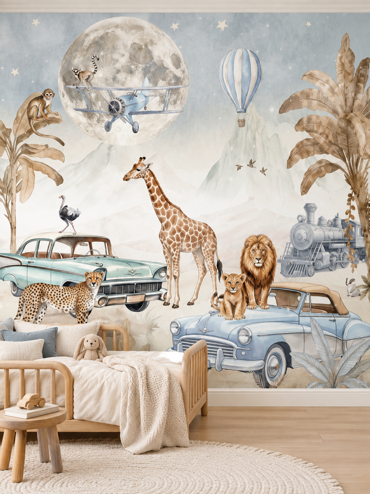 Bebek odasında Safari, Nostaljik Arabalar ve Ay çocuk odası duvar kağıdı