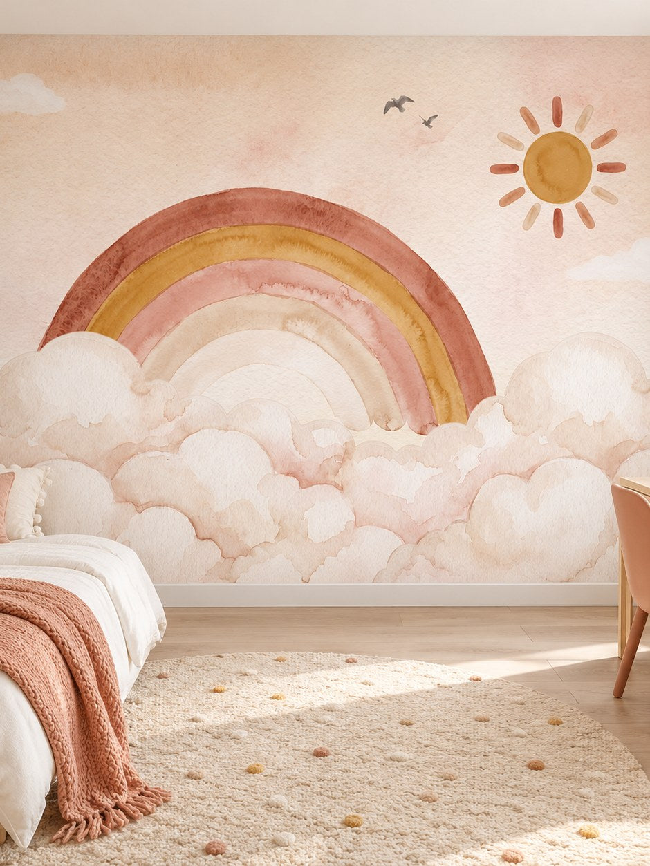 Boho Gökkuşağı ve Güneş duvar kağıdı, bir çocuk odasında